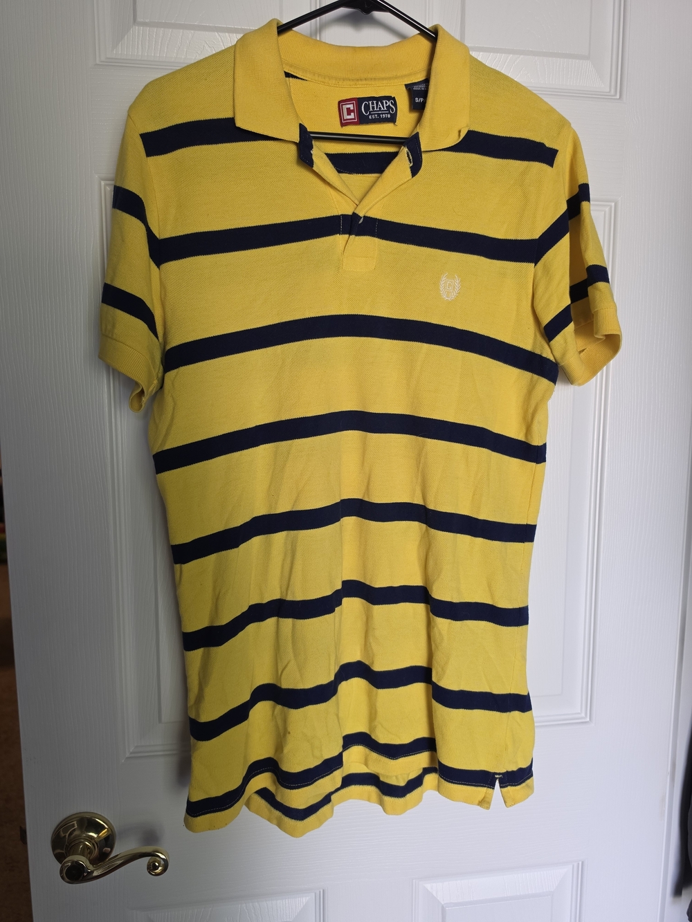 Chaps Men's Small Yellow Navy Striped Cotton Polo Shirt Golf Preppy